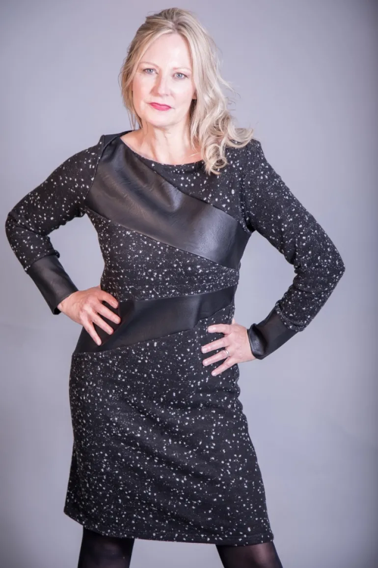 Elsewhere Adele Dot Fitted Fleece & Faux Leather Dress