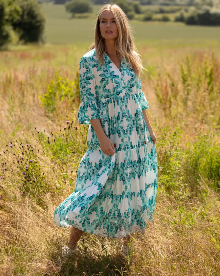 From My Mother's Garden Aqua Leaves Tiered Dress