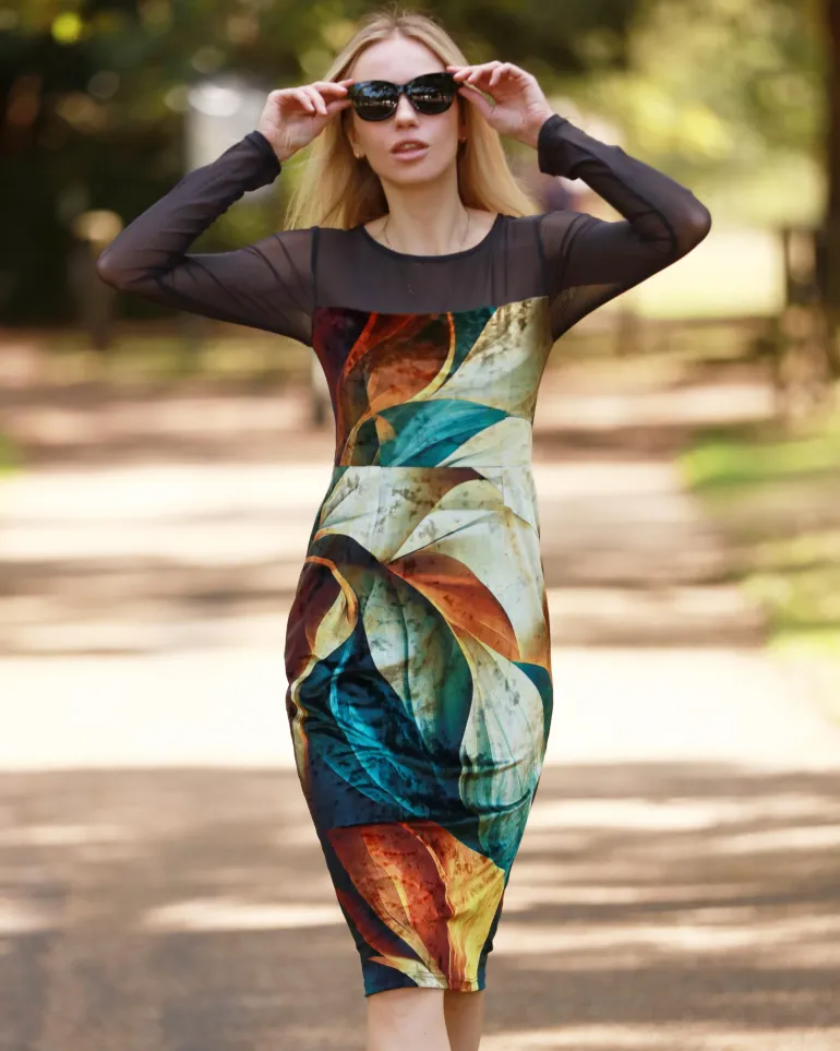 From My Mother's Garden Autumn Abstract Velvet Fitted Dress