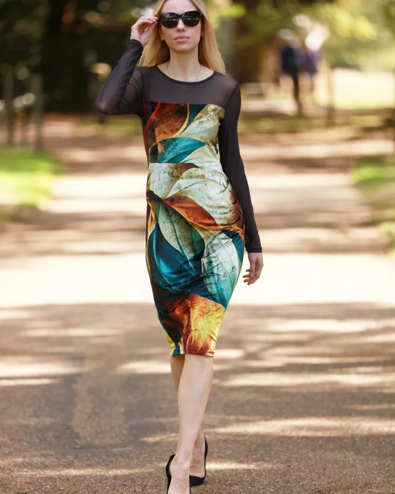 From My Mother's Garden Autumn Abstract Velvet Fitted Dress