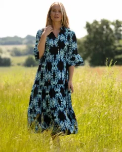 From My Mother's Garden Dark Blue Leaf Tiered Dress