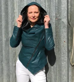 FROM MY MOTHER'S GARDEN HOODED LEATHER JACKET TEAL