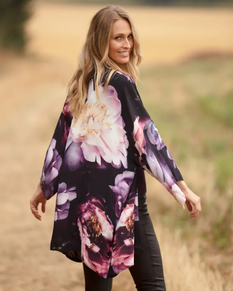 From My Mother's Garden Mid Length Georgette Kimono Dreamy Peonies