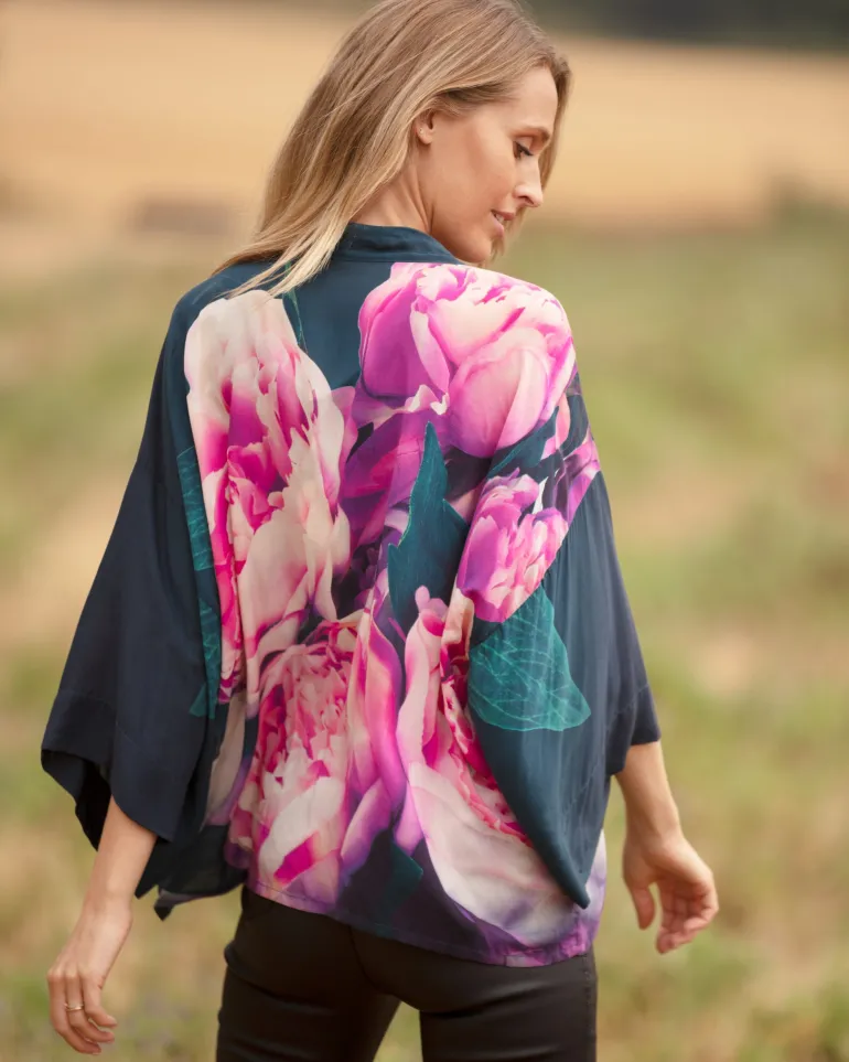 From My Mother's Garden Pink Peonies Short Kimono