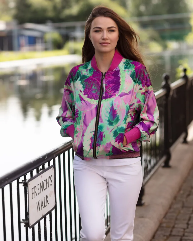 From My Mother's Garden Pink Neon Leaf Satin Jacket