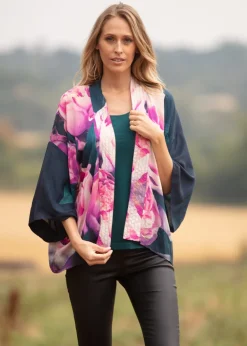 From My Mother's Garden Pink Peonies Short Kimono