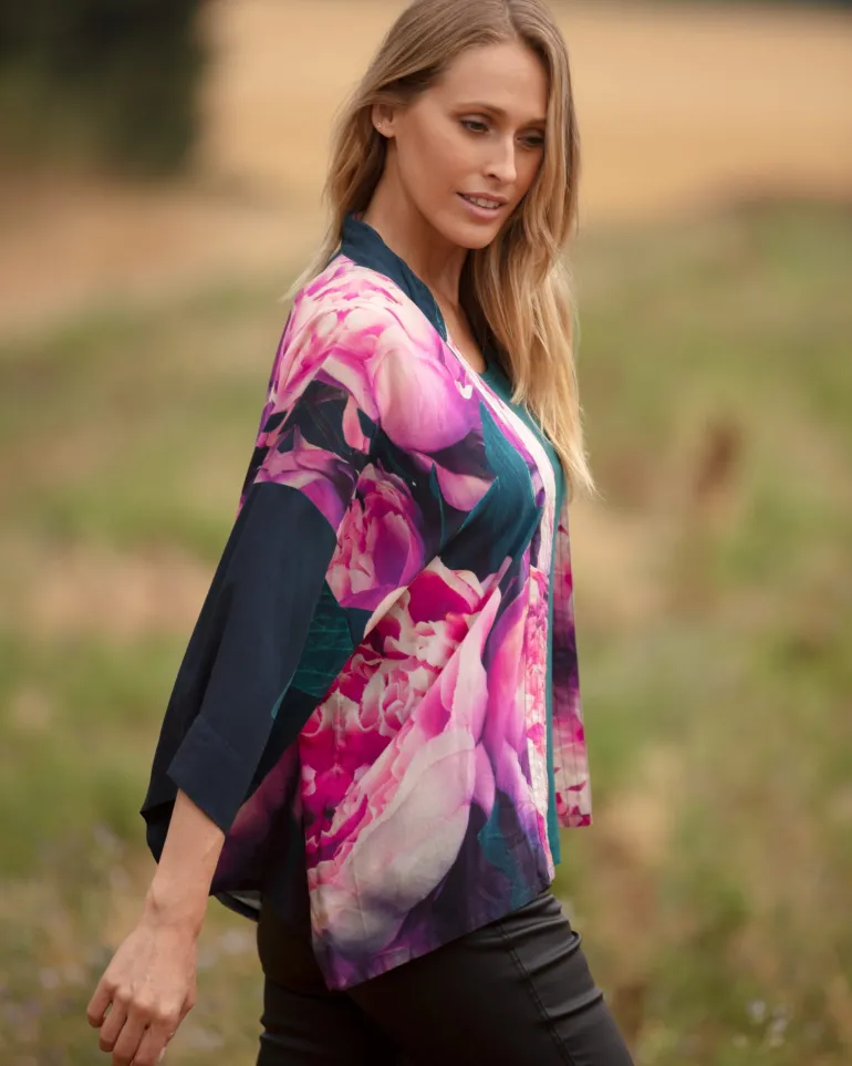 From My Mother's Garden Pink Peonies Short Kimono