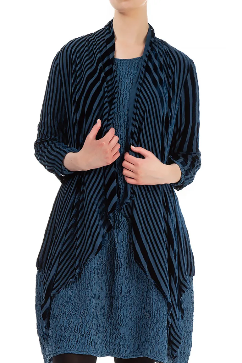 Grizas Striped Silk Jacket Petrol Blue