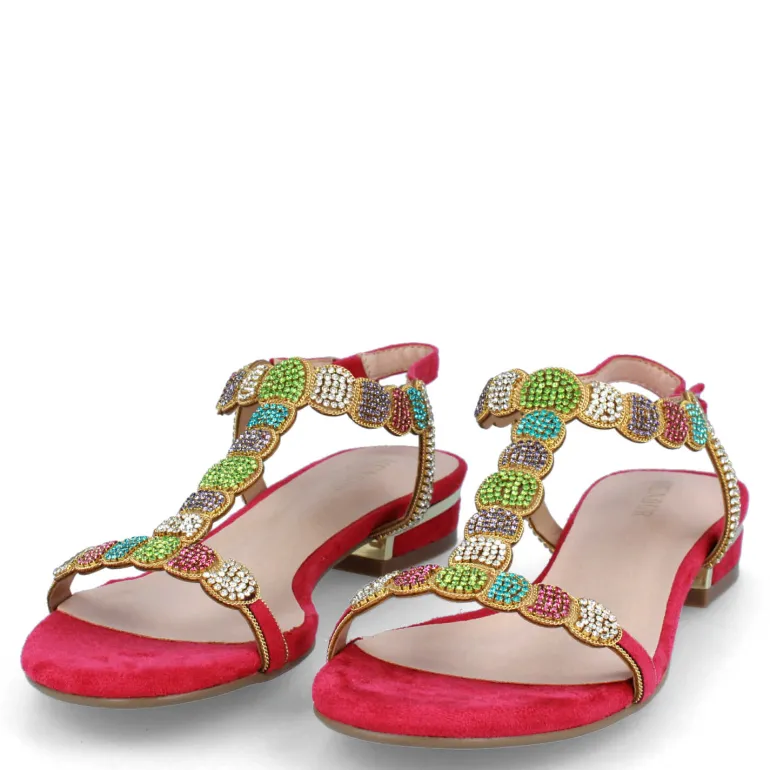 MENBUR FUCHSIA LOW HEEL DIAMANTE SANDALS