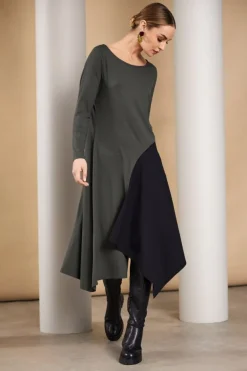 Naya Dress with Contrast Angled Side Panel Khaki/Black