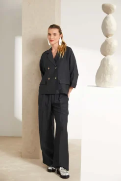 Naya Linen Mix Wide Leg Trousers Carbon NAS25238