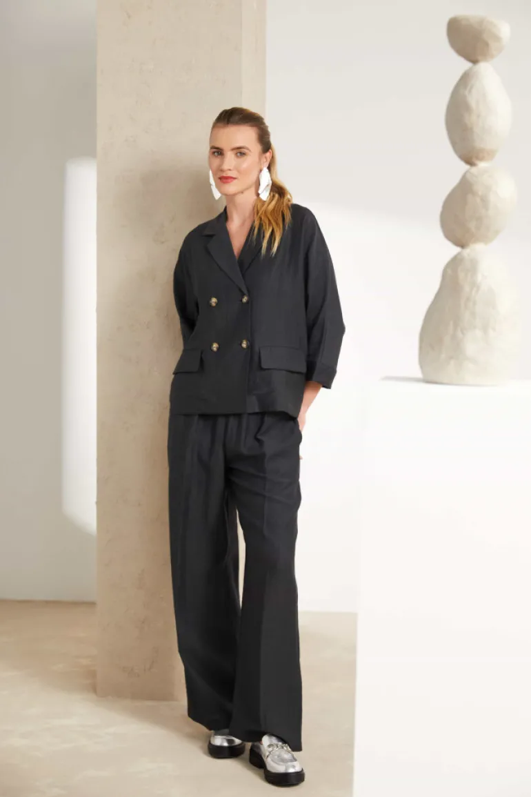 Naya Linen Mix Wide Leg Trousers Carbon NAS25238