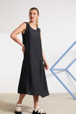 Naya Sleeveless Linen Dress Draped Pocket Carbon NAS25236