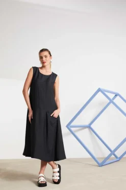 Naya Sleeveless Linen Dress Draped Pocket Carbon NAS25236