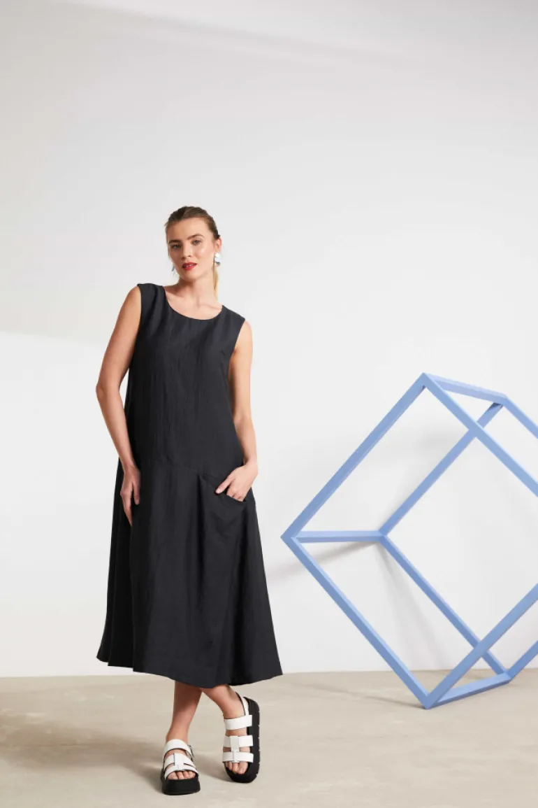Naya Sleeveless Linen Dress Draped Pocket Carbon NAS25236