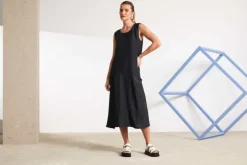 Naya Sleeveless Linen Dress Draped Pocket Carbon NAS25236