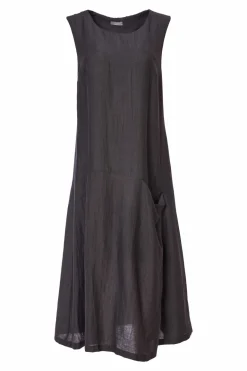 Naya Sleeveless Linen Dress Draped Pocket Carbon NAS25236
