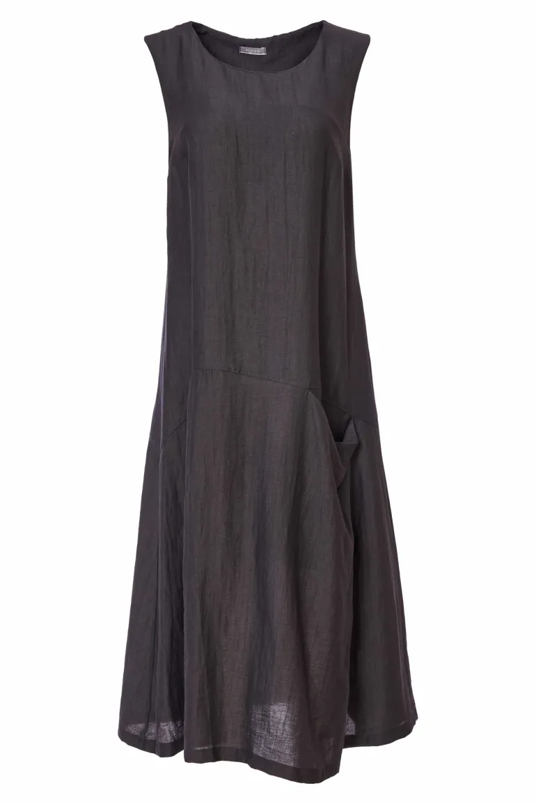 Naya Sleeveless Linen Dress Draped Pocket Carbon NAS25236
