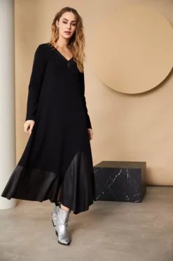 Naya V-Neck Dress with Contrast Panel Black