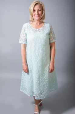 OUT OF XILE LEAF EMBROIDERY DRESS AQUA