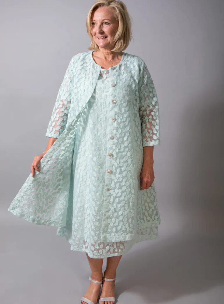 OUT OF XILE LEAF EMBROIDERY DRESS AQUA