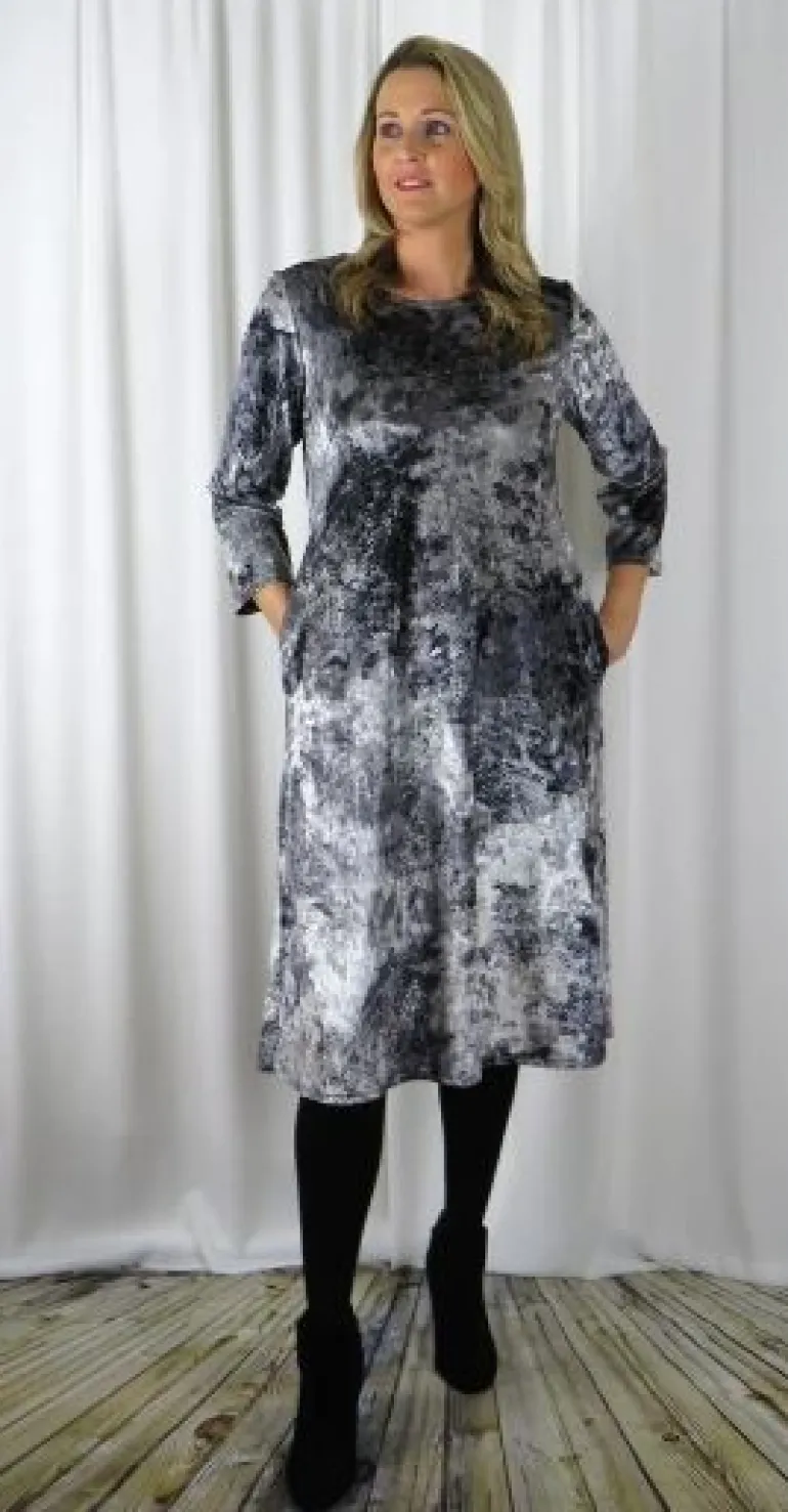 Out of Xile Printed Velvet Midi Dress Silver