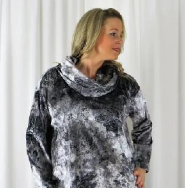 Out of Xile Printed Velvet Cowl Tunic Silver