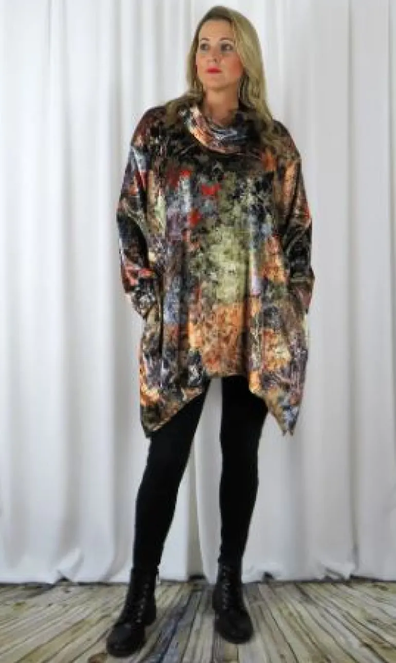 Out of Xile Printed Velvet Cowl Tunic Silver