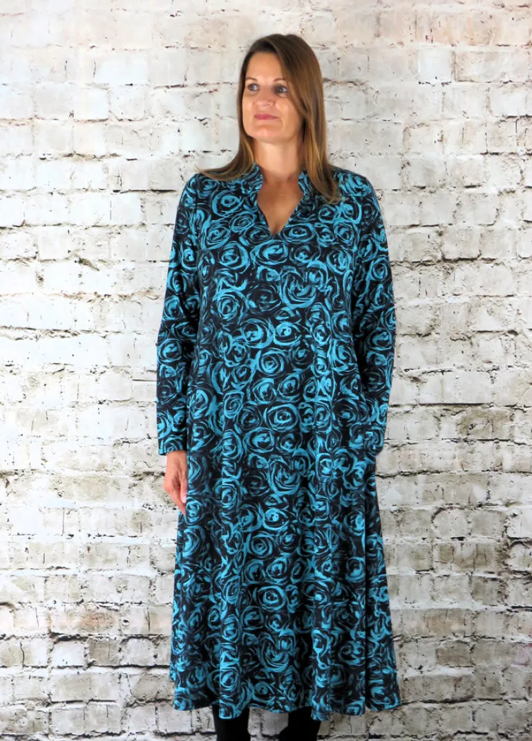 Out of Xile V-Neck Dress Roses Aqua