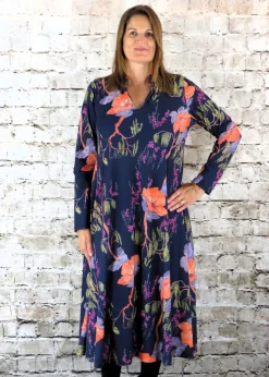 Out of Xile V-Neck Dress Woodland Print Navy