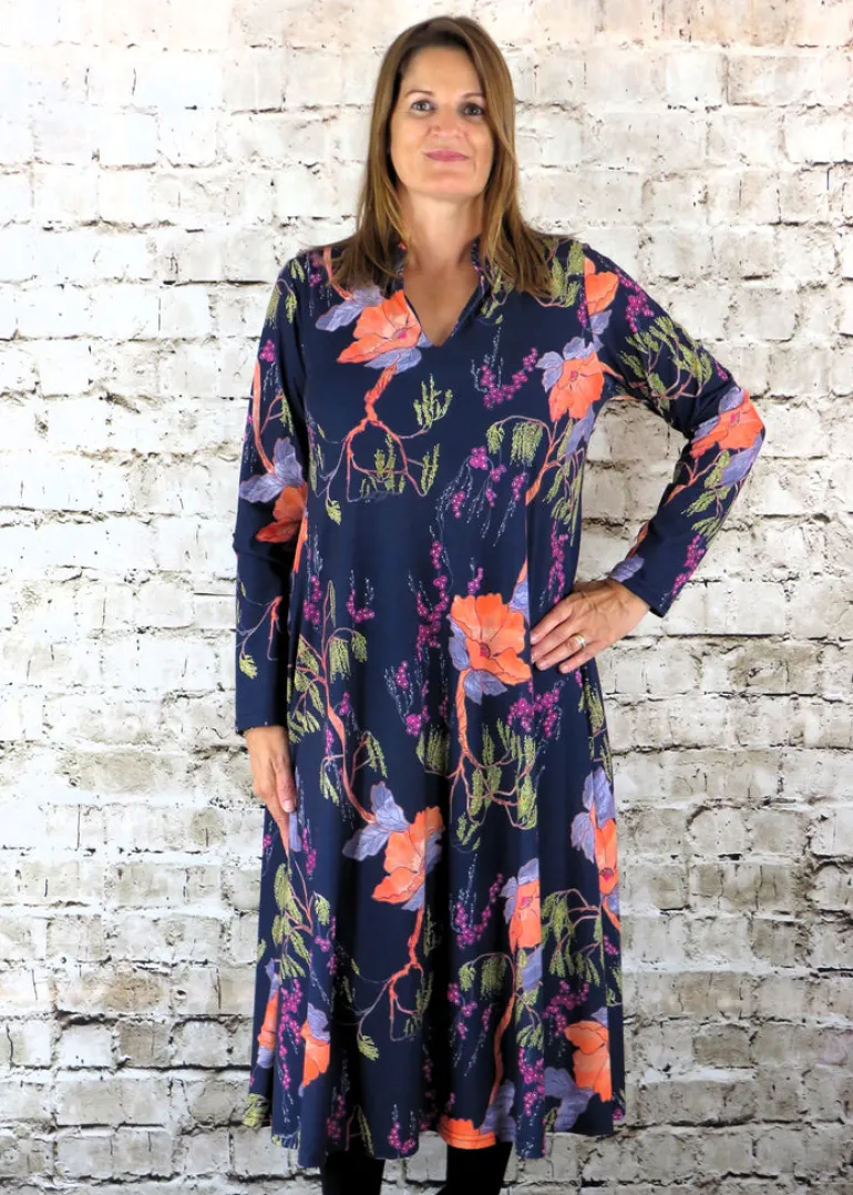Out of Xile V-Neck Dress Woodland Print Navy