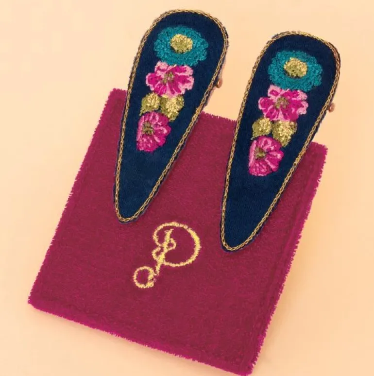 Powder Vintage Floral Hair Clips Navy