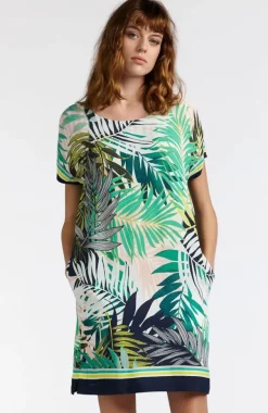 SANDWICH JERSEY EXOTIC LEAF PRINT DRESS GREEN