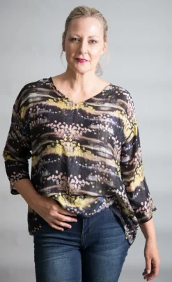 YAVI SILK BOX TOP BLACK WITH LEMON & DUSKY PINK
