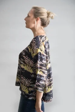 YAVI SILK BOX TOP BLACK WITH LEMON & DUSKY PINK