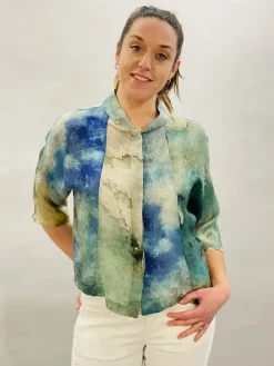 YAVI SILK CROP SHIRT GREEN/BLUE