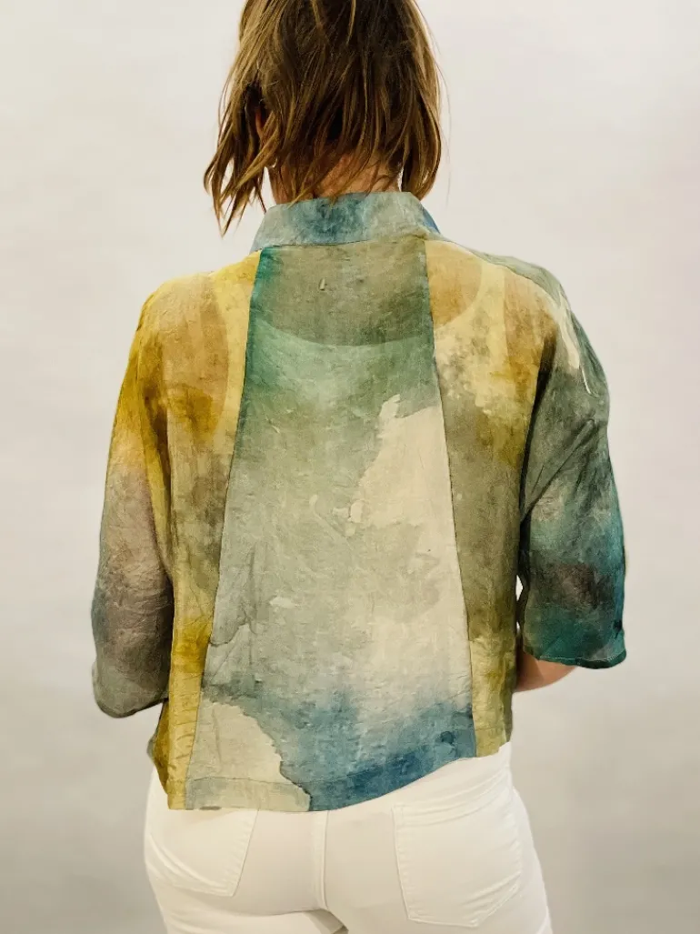YAVI SILK CROP SHIRT GREEN/BLUE