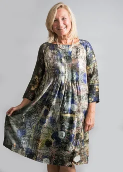 YAVI SILK DRESS PLEATED YOKE CIRCULAR PRINT