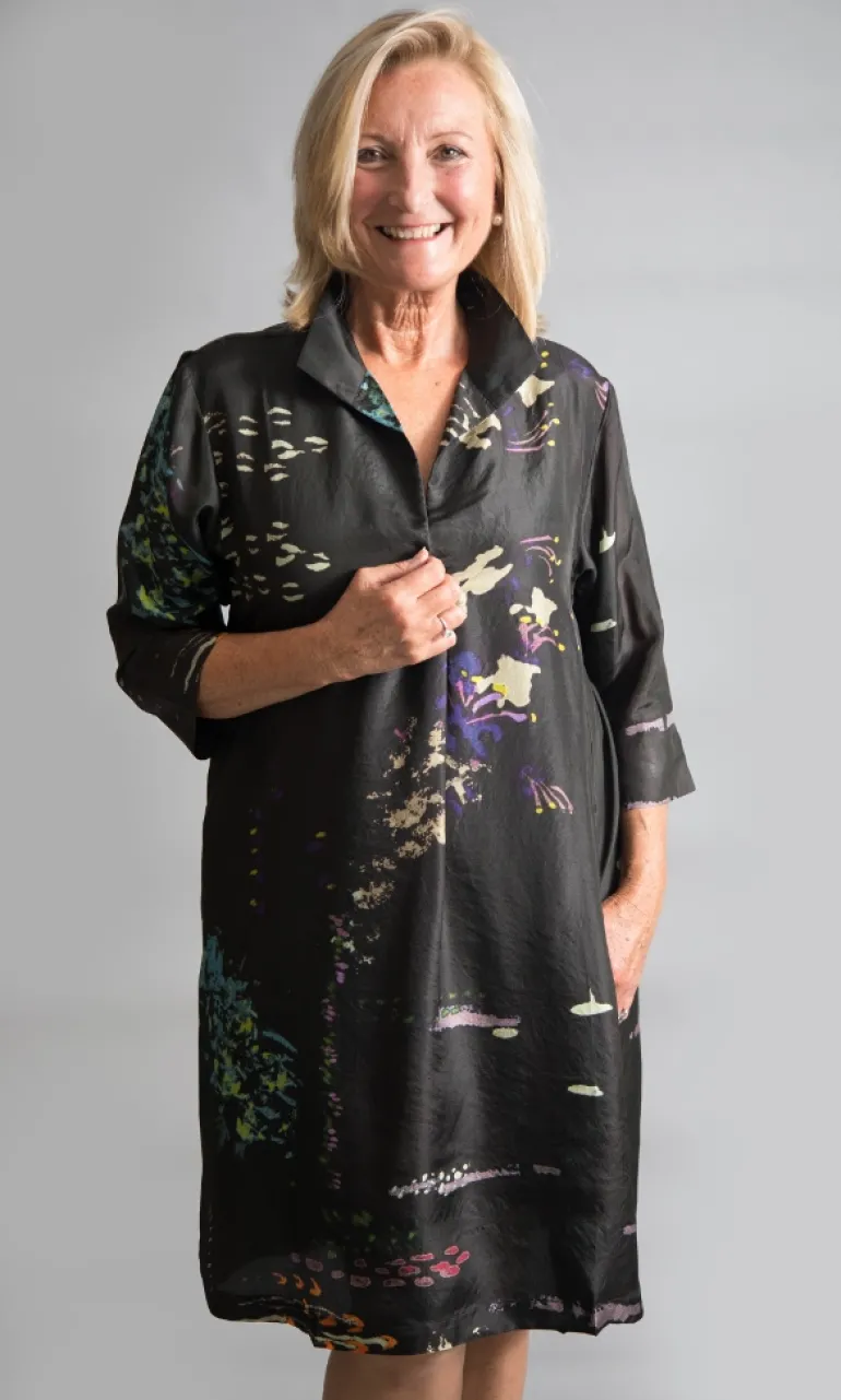 YAVI SILK SHIRT COLLAR DRESS BLACK