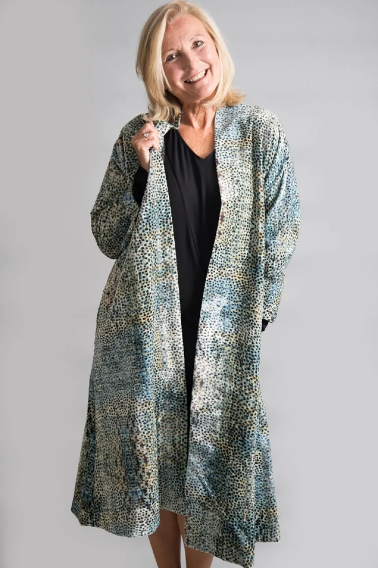 YAVI SILK VELVET COAT SPOT PRINT AQUA